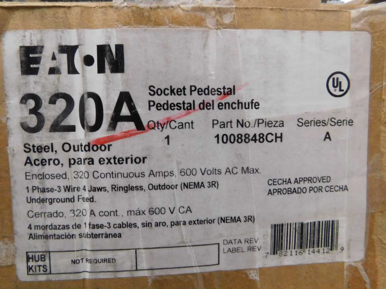 Quantity of 1 New Surplus Eaton 1008848CH Meter Socket Ringless 320A 600V 1Ph 3Wire 4Jaws NEMA Type 3R - ELECTRICAL COMPONENTS Quantity of 1 New Surplus Eaton 1008848CH Meter Socket Ringless 320A 600V 1Ph 3Wire 4Jaws NEMA Type 3R - ELECTRICAL COMPONENTS