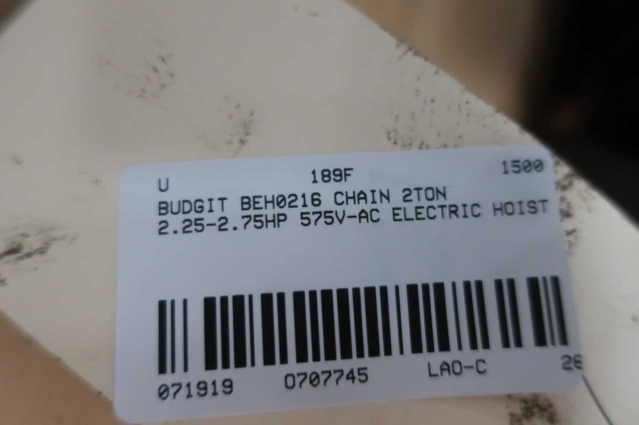 BUDGIT BEH0216 LIFTTECH CHAIN 2TON 2.25-2.75HP 575V-AC ELECTRIC HOIST - LIFTING EQUIPMENT