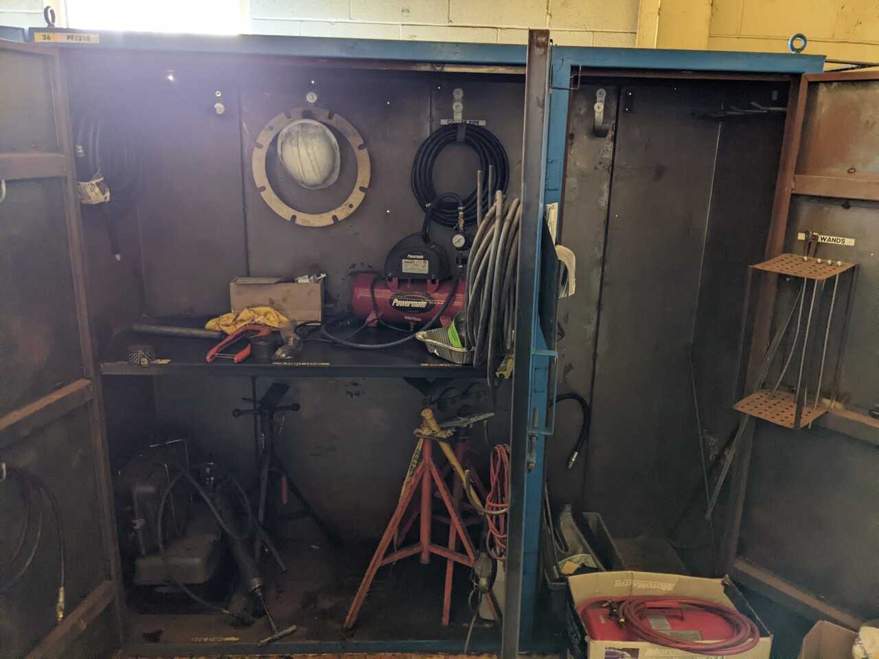 3 DOOR TOOL CABINET WITH CONTENTS, ASSORTED TOOLS, COMPRESSORS, WELDING STANDS, CYLINDERS - TOOL STORAGE