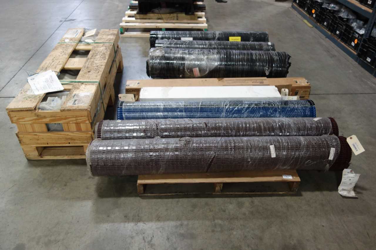 3 PALLETS OF CONVEYOR BELTING   RUBBER   PALSTIC CHAIN   STEEL MESH - CONVEYORS