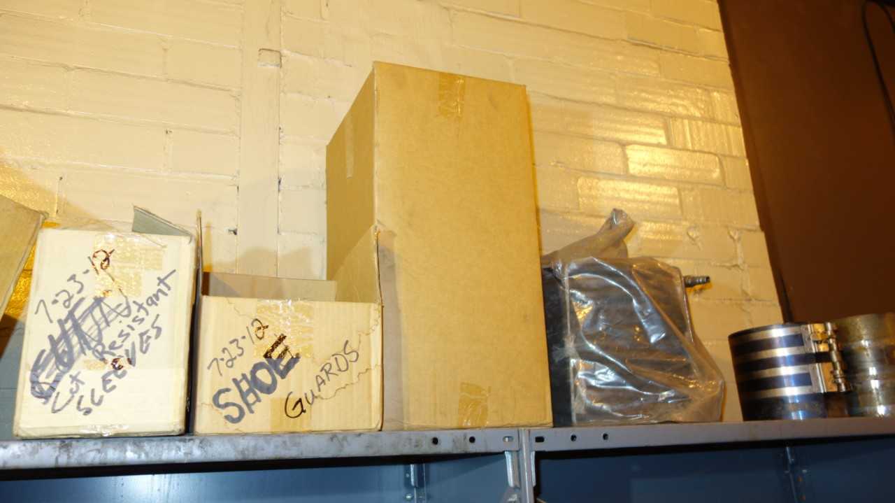 CONTENTS OF 2 SHELF COLUMNS, ASSORTED TOOLS, REPLACEMENT PARTS, SAFETY EQUIPMENT - SAFETY EQUIPMENT