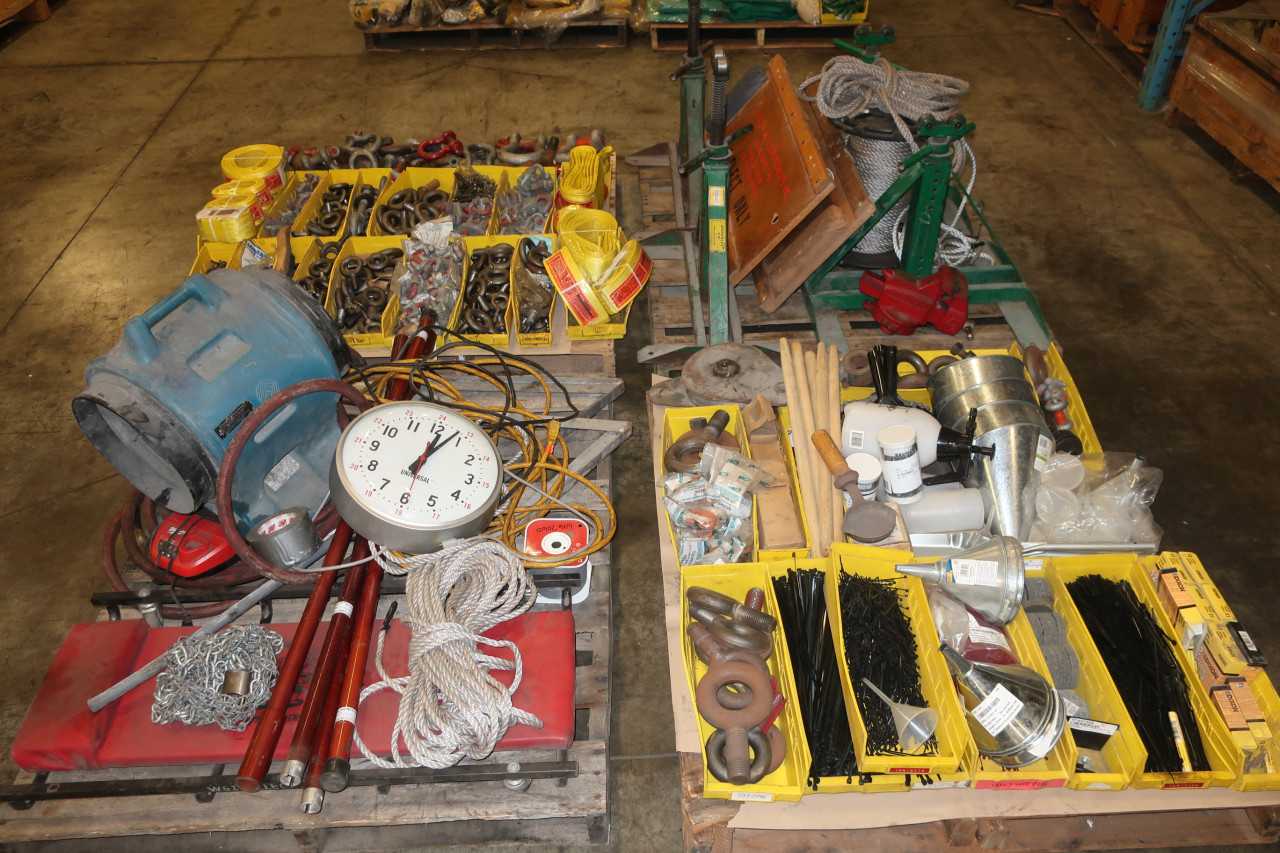 4 PALLETS OF ASSORTED TOOLS STRAPS CLEVIS CORDS CREEPERS JACK STANDS - ELECTRIC POWER TOOLS
