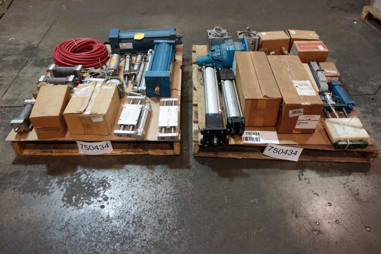 2 PALLETS OF ASSORTED PNEUMATIC CYLINDERS, VALVES, RELAYS- PARKER, FAIRCHILD, SMC - INDUSTRIAL PARTS