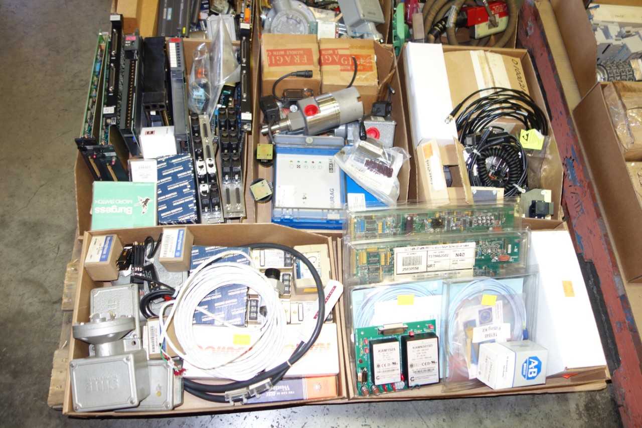 4 PALLETS OF ASSORTED ELECTRICAL AUTOMATION, CIRCUITS BOARDS, SERVO MOTOR ASSORTED MODULES, SWITCHES, WIRES AND ACCESSORIES - ELECTRICAL COMPONENTS