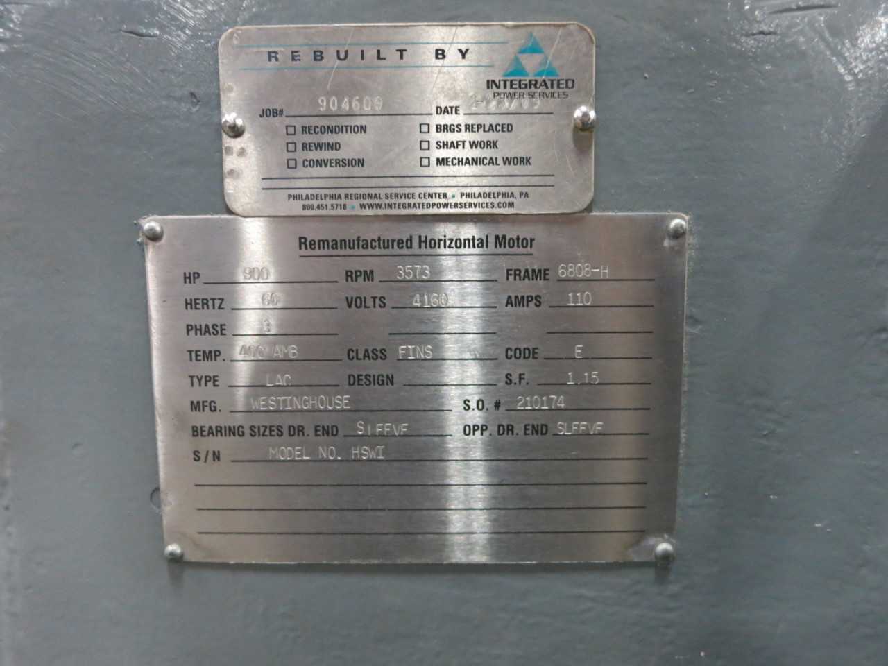 WESTINGHOUSE LAC 6808-H 3573RPM 3PH 900HP 4160V-AC MOTOR - ELECTRIC MOTORS