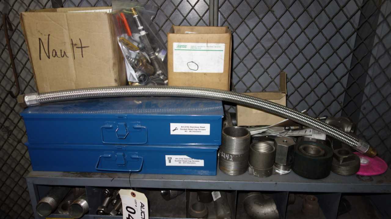CABINET WITH CONTENTS ASSORTED PIPE FITTINGS NUTS AND SCREWS - TOOL STORAGE