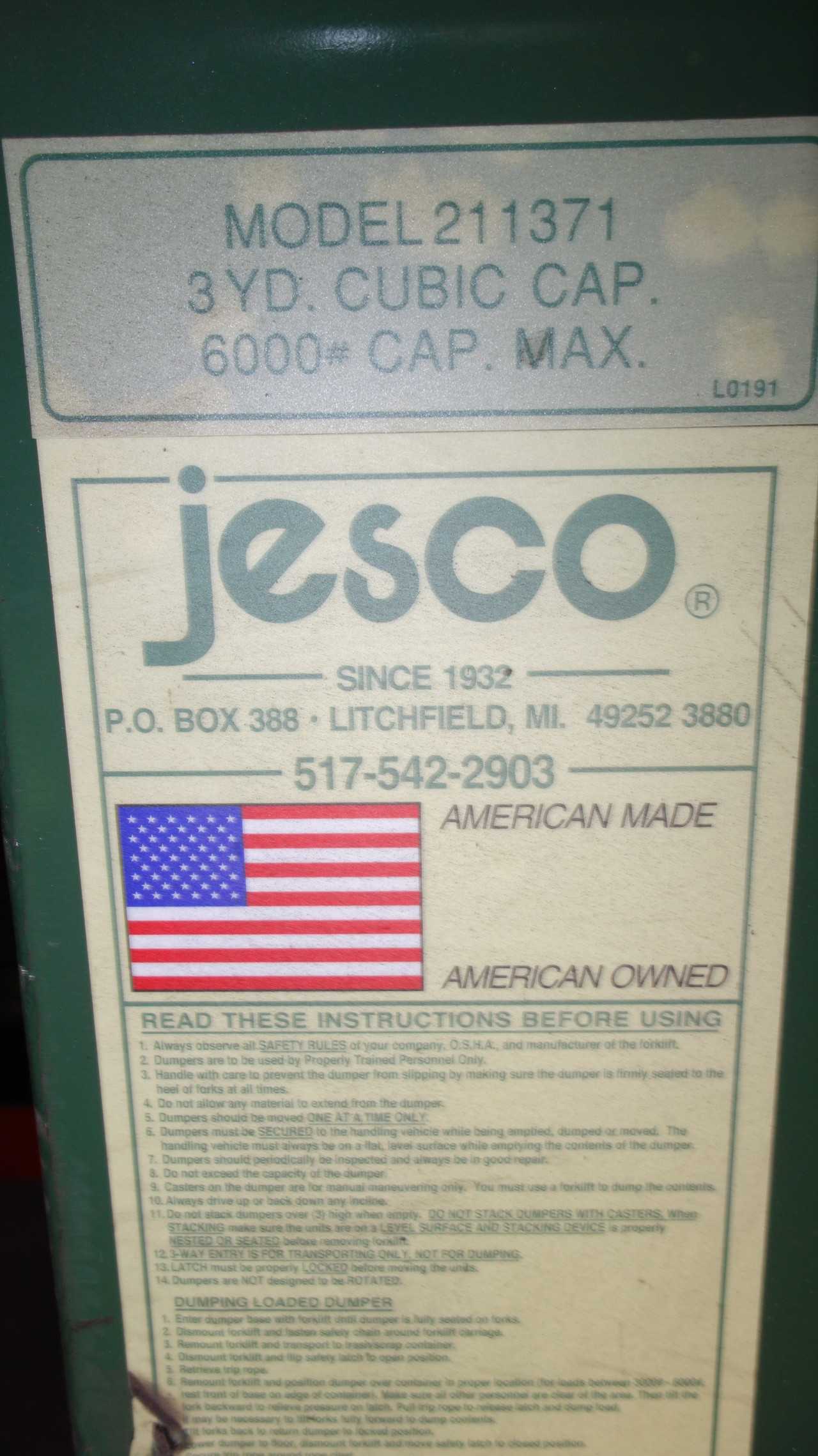 LOT OF 2 JESCO 211371 DUMPSTER HOPPER 6000LB 3YD - ELECTRIC POWER TOOLS
