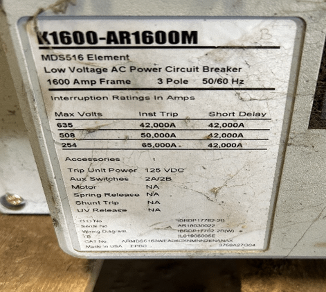 QTY 4 - EATON K1600-AR1600M LOW VOLTAGE POWER CIRCUIT BREAKER - LOW VOLTAGE CIRCUIT BREAKERS