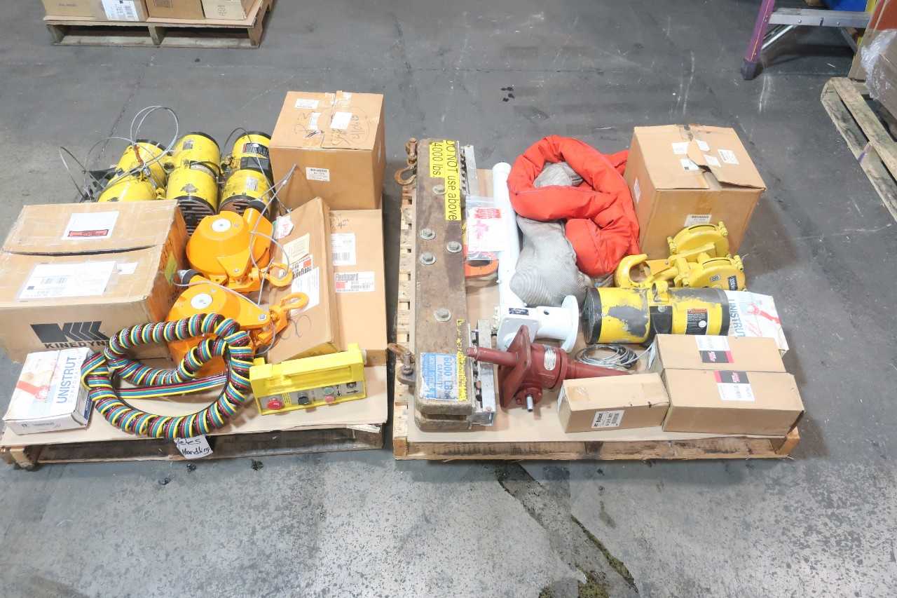 2 PALLETS OF MISCELLANEOUS MATERIAL HANDLING EQUIPMENT - FILTERS, ROUNDUP SLING, TOOL BALANCER,SWIVEL HOOK, BALL SCREW JACK - INGERSOLL, LIFTEX, FLEETGAURD - MACHINING ACCESSORIES & TOOLING
