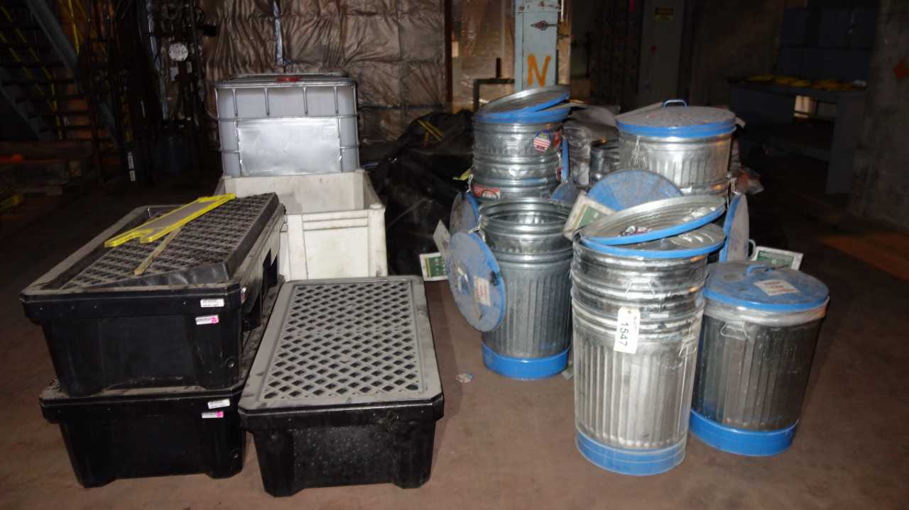 LOT OF ASSORTED GARBAGE CANS, OIL CONTAINERS, BINS - WASTE BINS