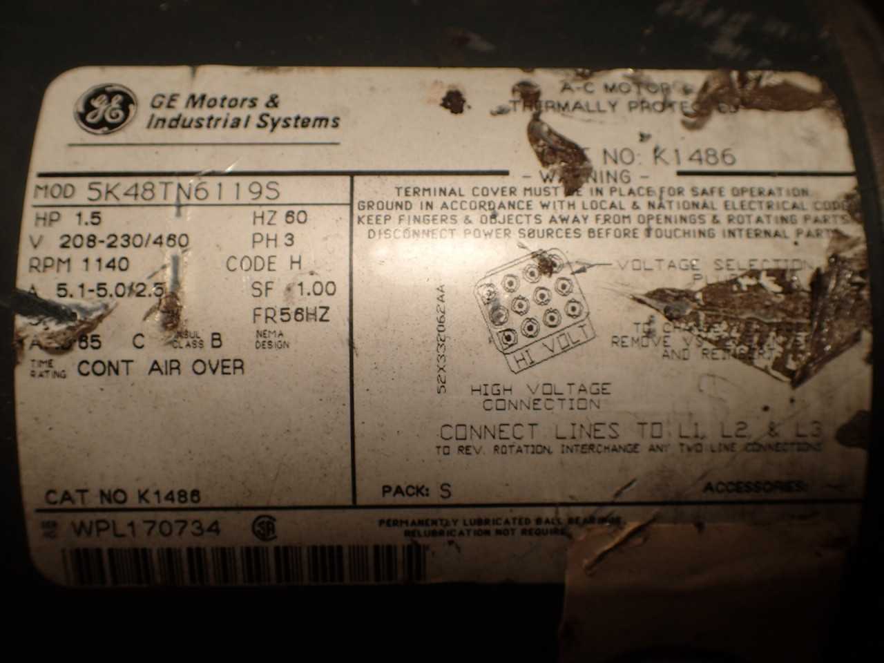 GE K1486 208-230/460V 3ph AC Condenser Fan Motor: 1140-RPM 56HZv 5/8" Shaft, NOS - ELECTRIC MOTORS
