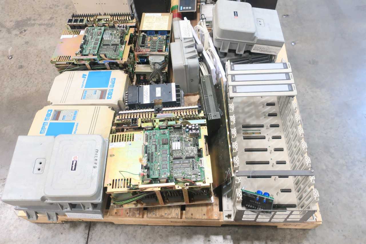 2 PALLETS OF ASSORTED ELECTRICAL OPERATOR INTERFACE PANEL, CIRCUIT BOARDS, AC MOTOR DRIVE, SERVO CONTROLLER, POWER SUPPLY CONTROLLER, SERVO DRIVE, RACK CONTROLS- WESTINGHOUSE, YASKAWA, GENERAL ELECTRIC, SIMPLEX, SIEMENS, NUS, ABB - AUTOMATION & CONTROLS