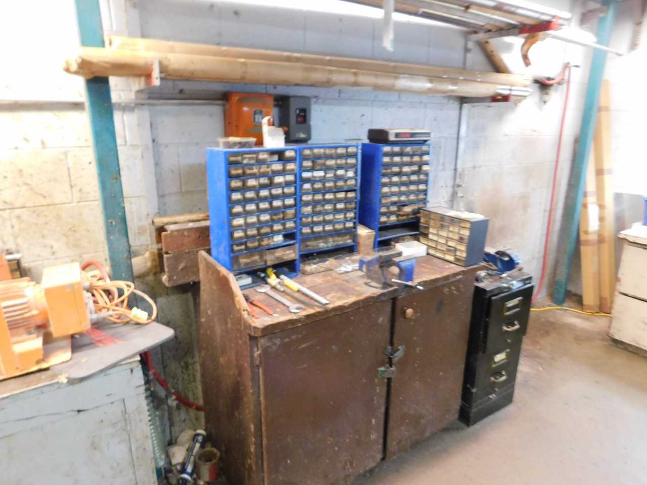 Wooden Cabinet and Contents including Parts Bins on top - INDUSTRIAL PARTS