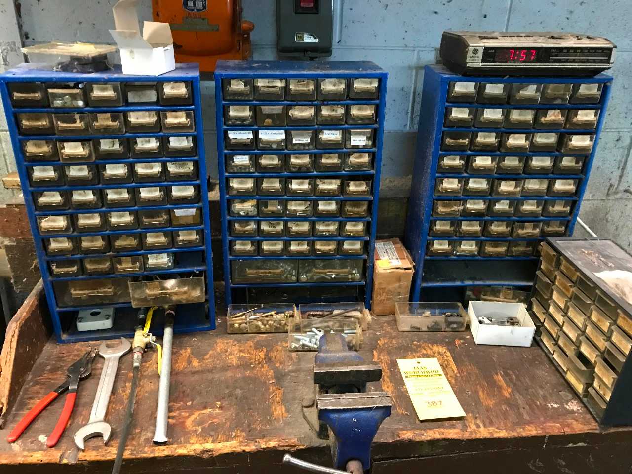 Wooden Cabinet and Contents including Parts Bins on top - INDUSTRIAL PARTS