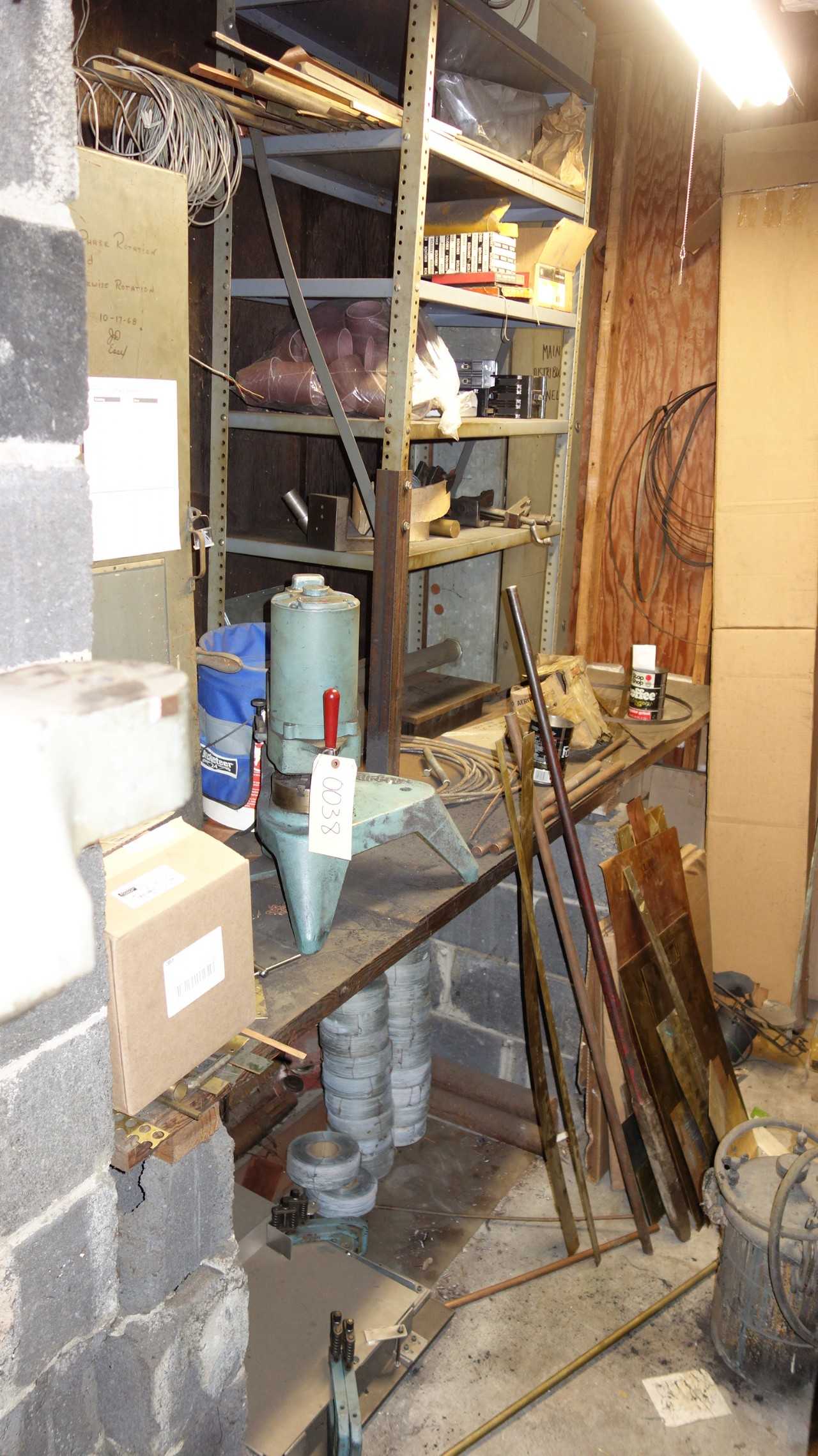CONTENTS OF ROOM, ASSORTED METALWORKING TOOLS, ELECTRIC CONTROLS, BEARINGS, PUNCHES, DIES, VICES, MEASUREMENT TOOLS,  BREAKERS, MOTORS, TEST EQUIMENT, GE, STARRETT, WOODWORTH, DAYTON (LOT 38, SHELVING AND COPPER PLATES AND STRIPS FROM PICTURE 2 ARE NOT IN - ELECTRIC POWER TOOLS