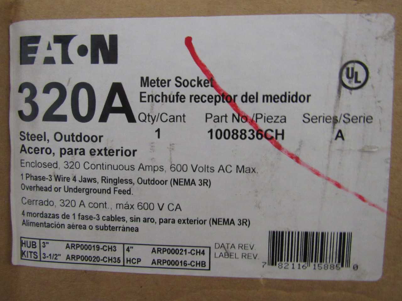 Quantity 1 of Eaton 1008836CH Meter Socket 320A 600VAC 1Ph - INDUSTRIAL PARTS