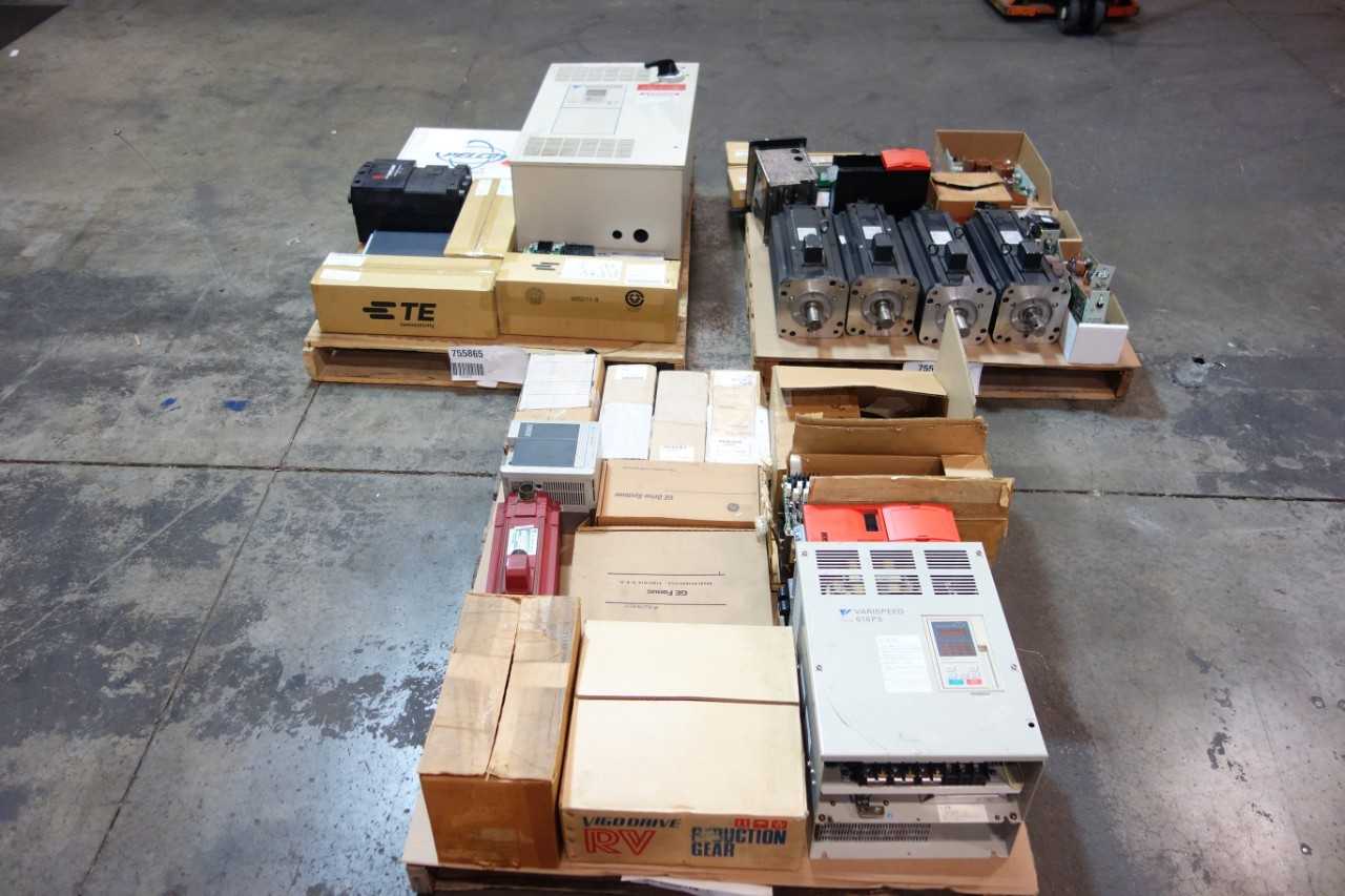 3 PALLETS OF ASSORTED ELECTRICAL, SERVO CONTROLLER, MOTOR DRIVE, MODULE CONTROLLER, CIRCUIT BOARDS, GEAR ROBOT COMPONENTS - AUTOMATION & CONTROLS