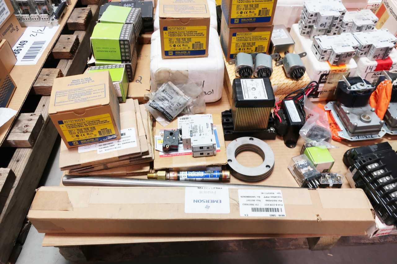 2 PALLETS OF ASSORTED RELAYS, TRANSFORMERS, ELECTRICAL PARTS - ELECTRICAL COMPONENTS