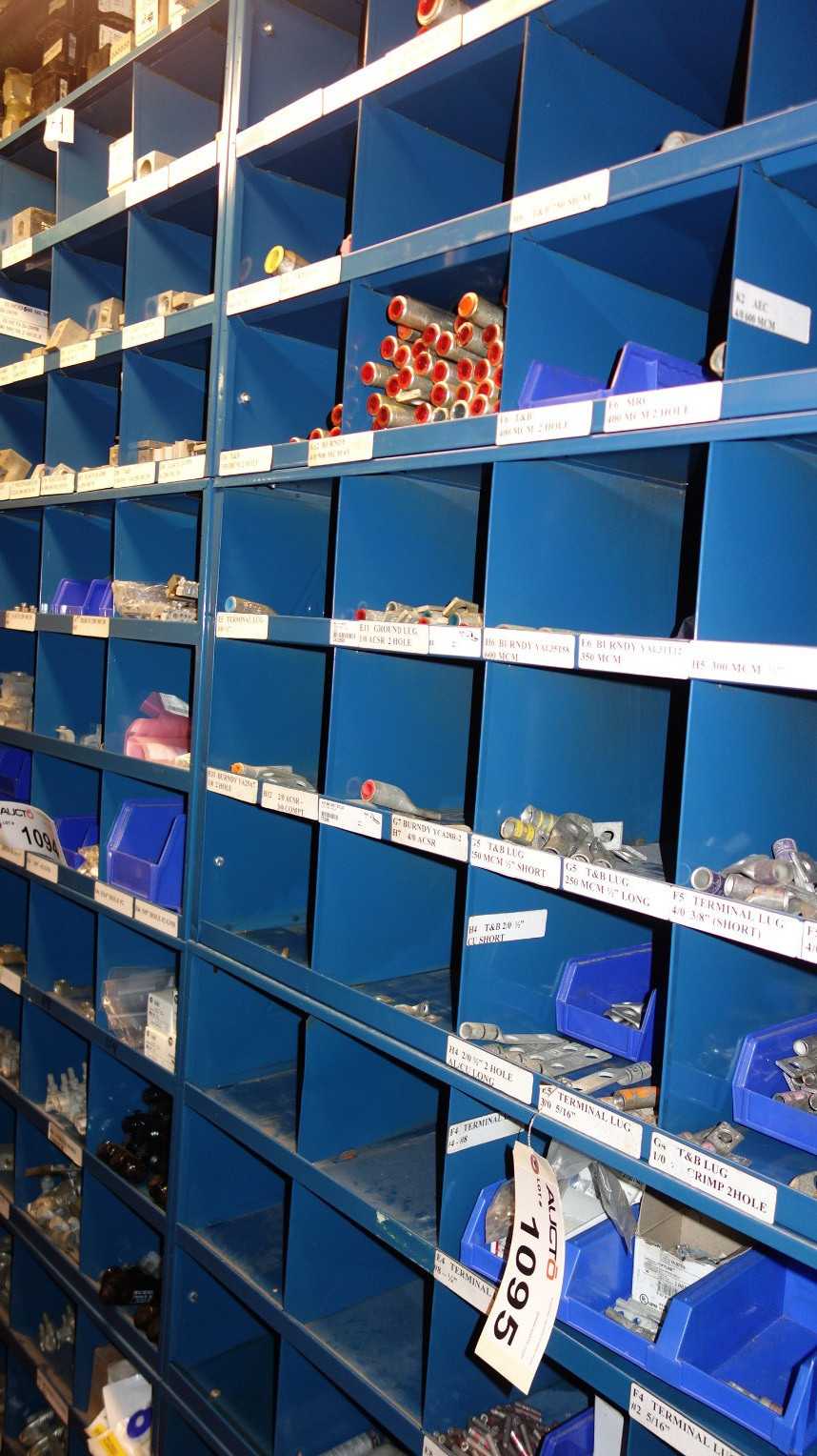 CONTENTS OF 4X STACKED PIGEON HOLE CABINET, ASSORTED TERMINAL LUGS, SPLICE CRIMPS - ELECTRICAL COMPONENTS