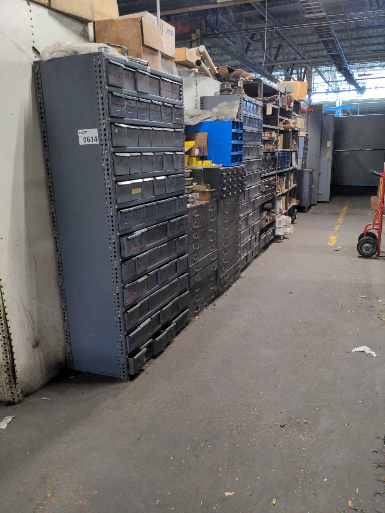 8 SECTION OF METAL STORAGE BINS AND SHELVING WITH CONTENTS , MRO - MISCELLANEOUS