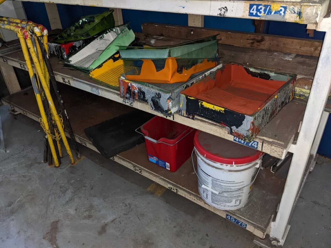RACK WITH ASSORTED CONTENTS, PAINTING SUPPLIES - SHELVING