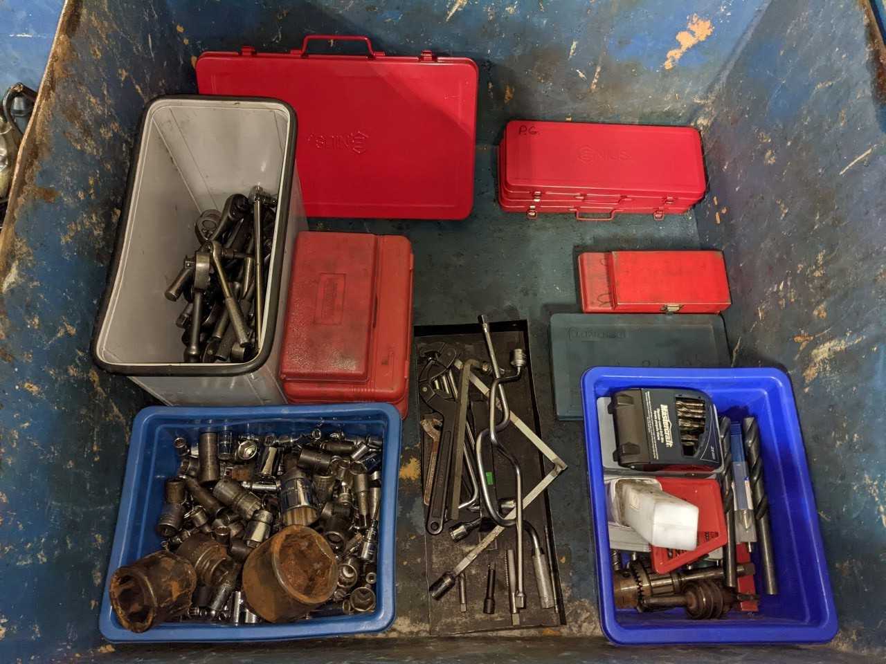 LOT OF ASSORTED TOOLS, SOCKETS, SOCKET SETS, DRILLS, EXTENSIONS - HAND TOOLS