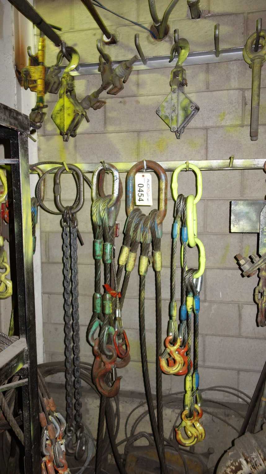 ASSORTED LOT OF WIRE SLINGS WITH SAFETY HOOKS AND TROLLEYS - HAND TOOLS