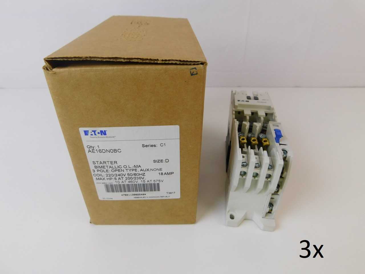 3 Quantity-Eaton 3P 18A 220/240VAC Starters-AE16DN0BC - MOTOR STARTERS