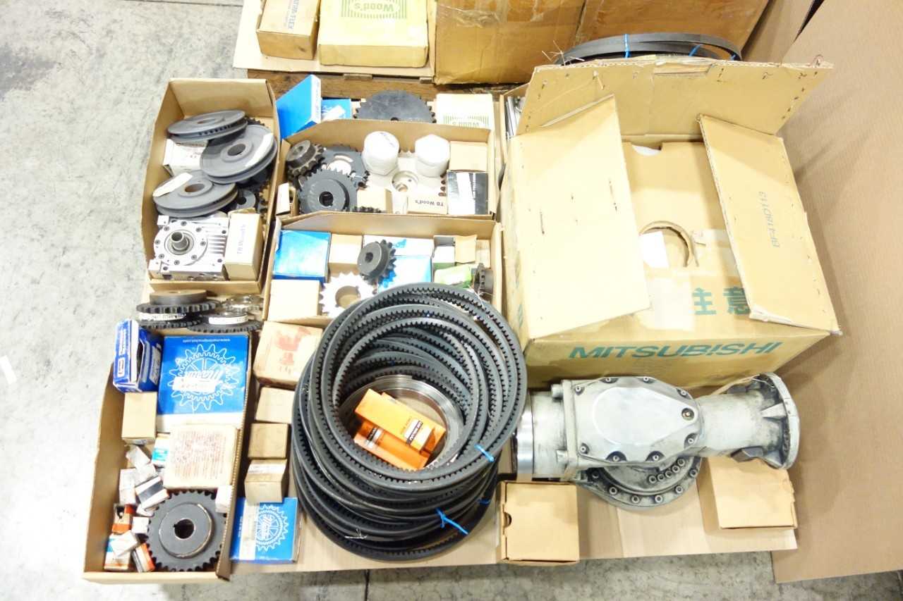 2 PALLETS OF ASSORTED GEAR REDUCERS, BELTS, SPROCKETS, BELT SHEAVES- MITSUBISHI, THK, MARTIN - GEAR REDUCERS