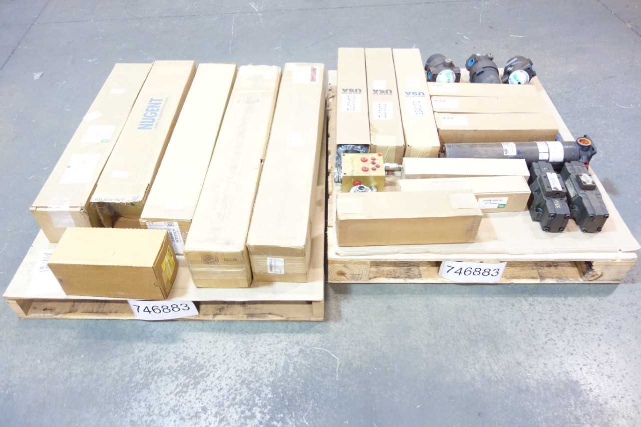 2 PALLETS OF ASSORTED FILTERS, PUMP, VALVES, FILTER ELEMENTS- PALL, BROWNE SHARPE, PARKER, VICKERS - PNEUMATIC FILTER ELEMENTS