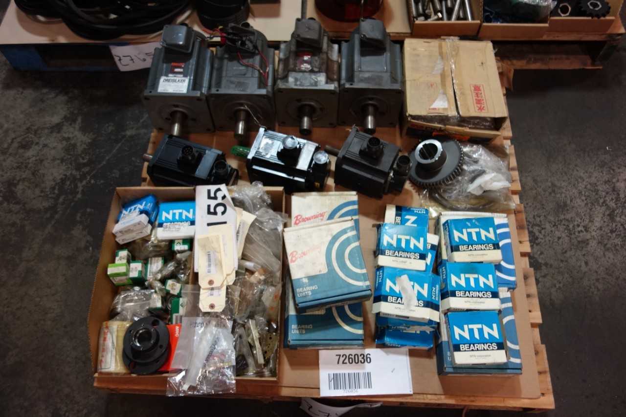 3 PALLETS OF ASSORTED POWER TRANSMISSION- BELTS, CHAINS, BEARINGS, SERVO MOTORS- NTN, BROWNING, MITSUBISHI - POWER TRANSMISSION