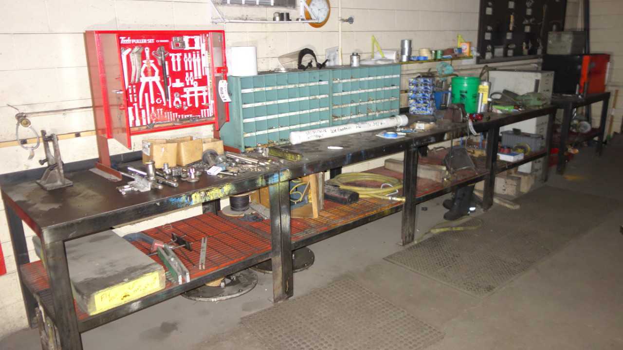 CONTENTS OF 5X STEEL WORK TABLES - TOOLS, HARDWARE - MISCELLANEOUS