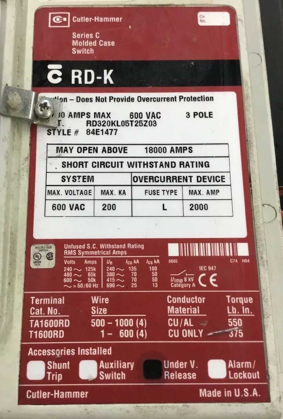 Eaton Cutler Hammer RD320KL05T25Z03 /C 600V 2000A Elec. Molded Case Breaker - Used - Bench Tested - CIRCUIT BREAKERS