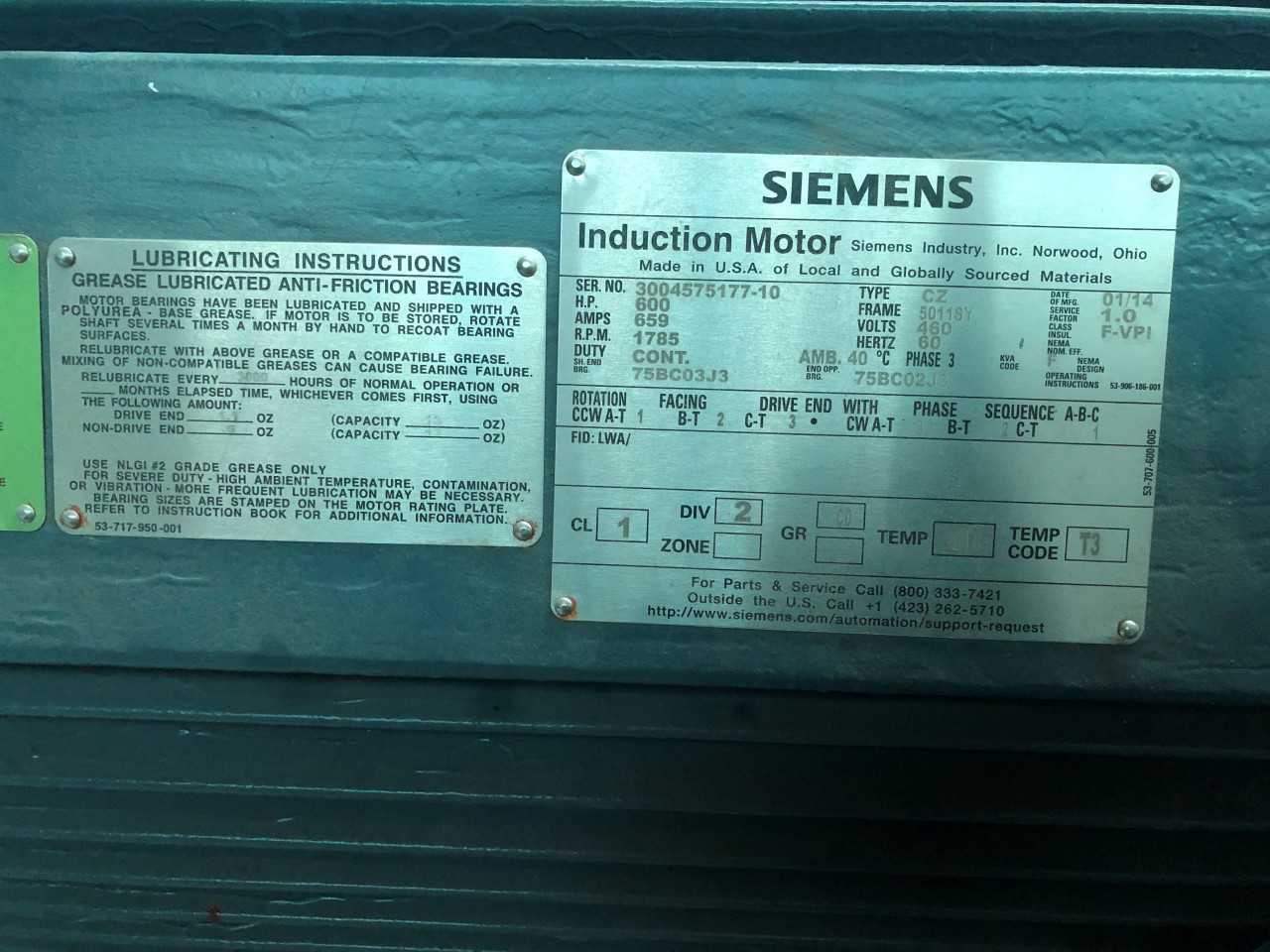 Unused Siemens AC Induction Electric Motor 600HP 1800RPM - ELECTRIC MOTORS