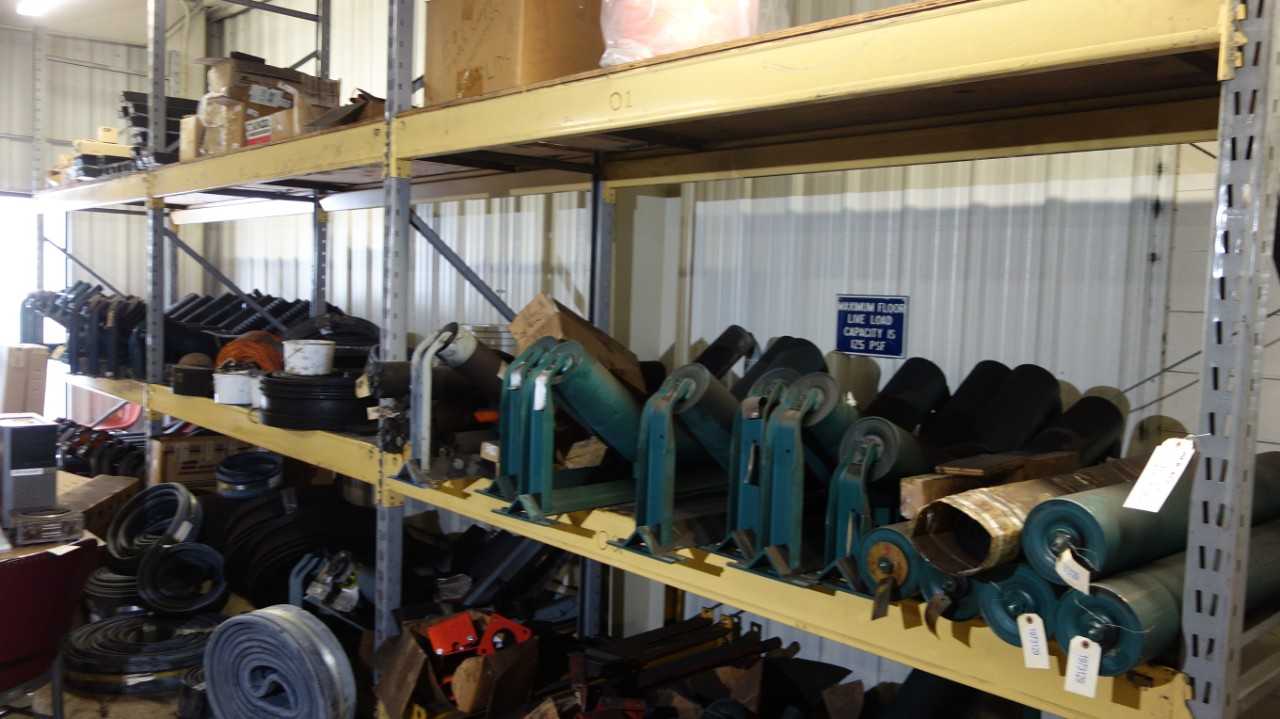 CONTENTS OF 3 SHELF COLUMNS, IDLERS, BELTS, GASKETS - MACHINING ACCESSORIES & TOOLING