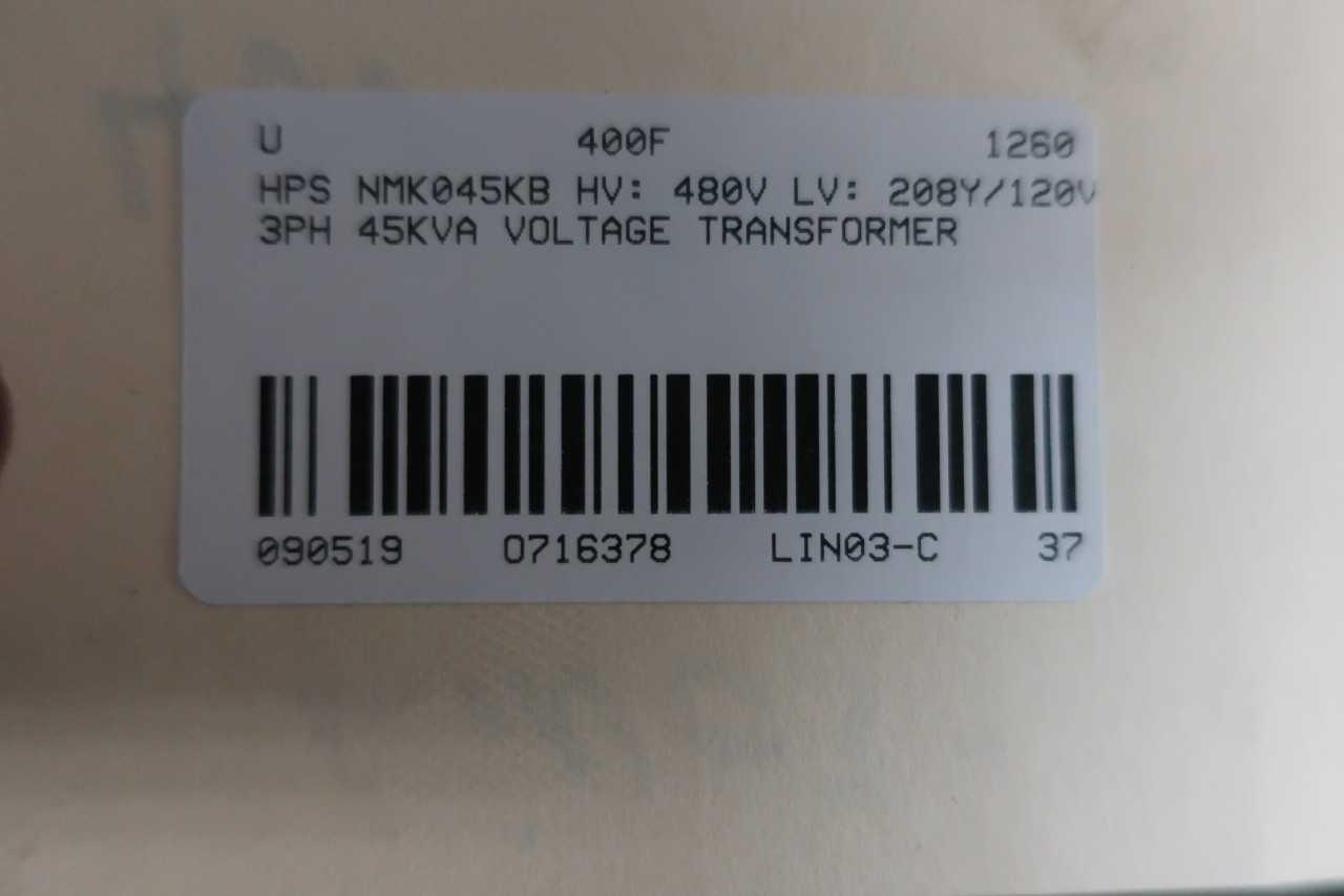 HPS NMK045KB VOLTAGE TRANSFORMER HV:480V LV:208Y/120V 3PH 45KVA - CONTROL TRANSFORMERS