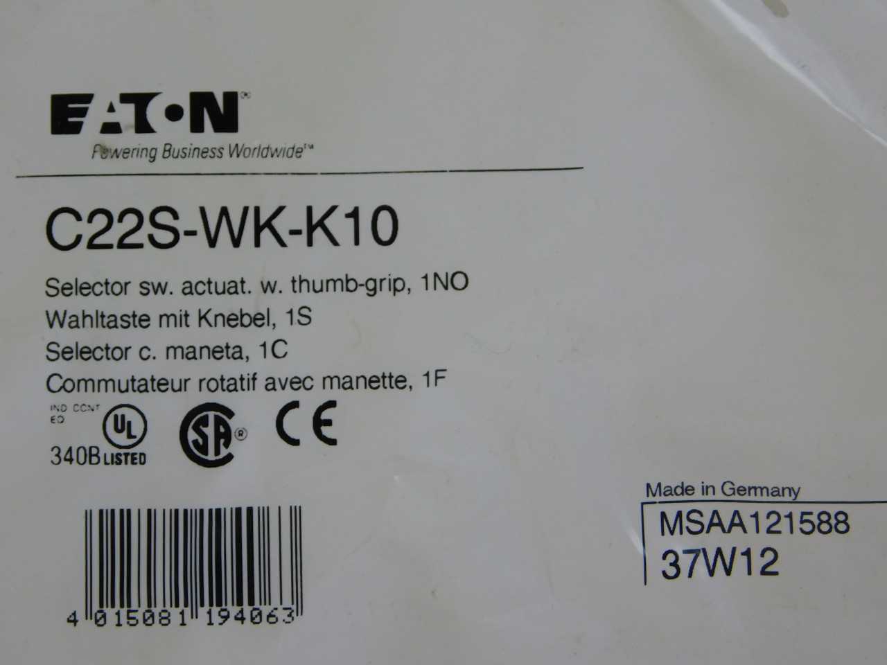 Quantity 100 of Eaton C22S-WK-K10 NON-ILL 2-POS MOM SEL SWTCH THB-GP BLK-BZL 1NO - AUTOMATION & CONTROLS