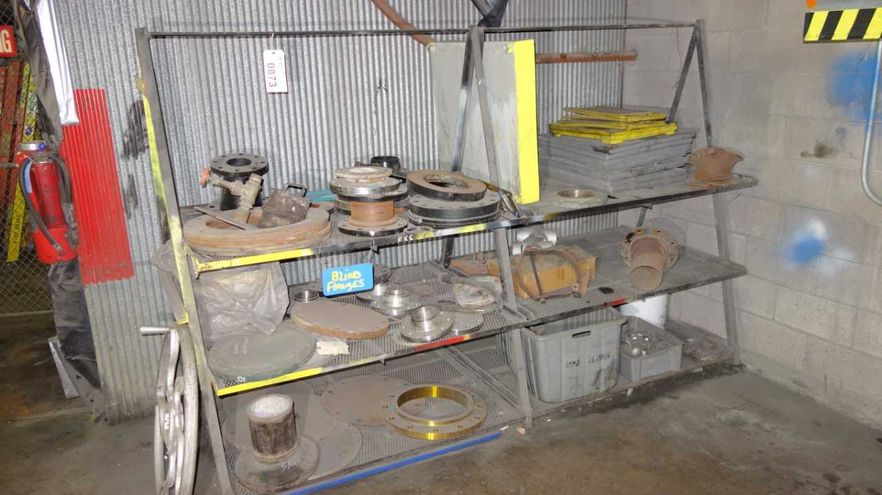 ASSORTED STEEL PIPE FLANGES, BLINDS WITH SHELVING - MISCELLANEOUS