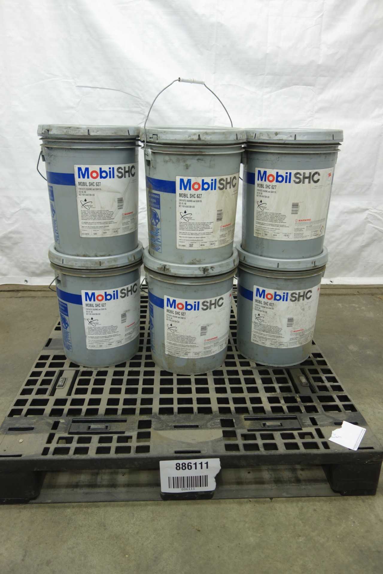 LOT OF 6 FULL 5 GALLON BUCKETS OF MOBIL SHC 627 SYNTHETIC BEARING AND GEAR OIL - BEARINGS