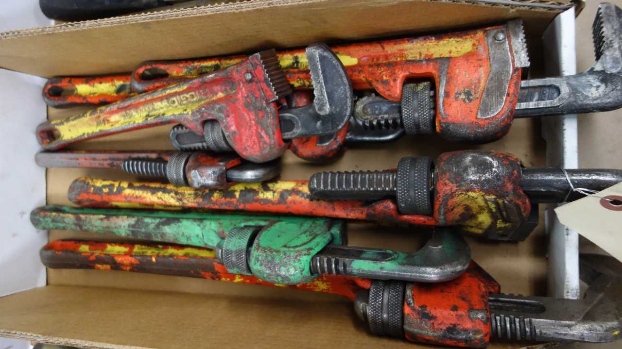 ASSORTED LOT OF RIDGID SUPER-EGO ARMSTRONG PIPE WRENCHES 10 IN TO 14 IN - HAND TOOLS