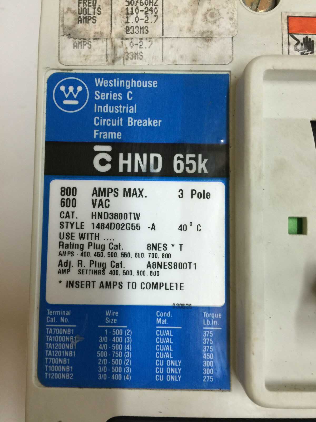 USED WESTINGHOUSE 800 AMP 3 POLE CIRCUIT BREAKER HND 65K CUTLER-HAMMER HND3800TW - CIRCUIT BREAKERS