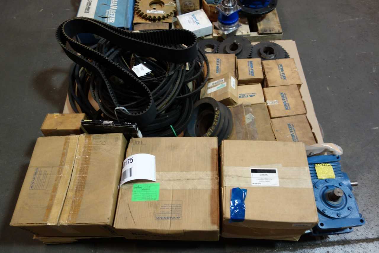 2 PALLETS OF ASSORTED COUPLINGS, GEAR REDUCERS, SPROCKETS, V-BELTS- CAT, DAYTON, KOD-FLEX - GEAR REDUCERS