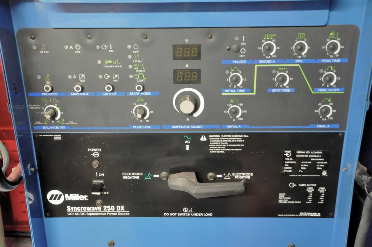 Miller Syncrowave Model 250DX, 250-Amp Capacity CC AC/DC Square Wave Tig Welding Power Source, S/n LC207887, with Leads, Portable - WELDING EQUIPMENT