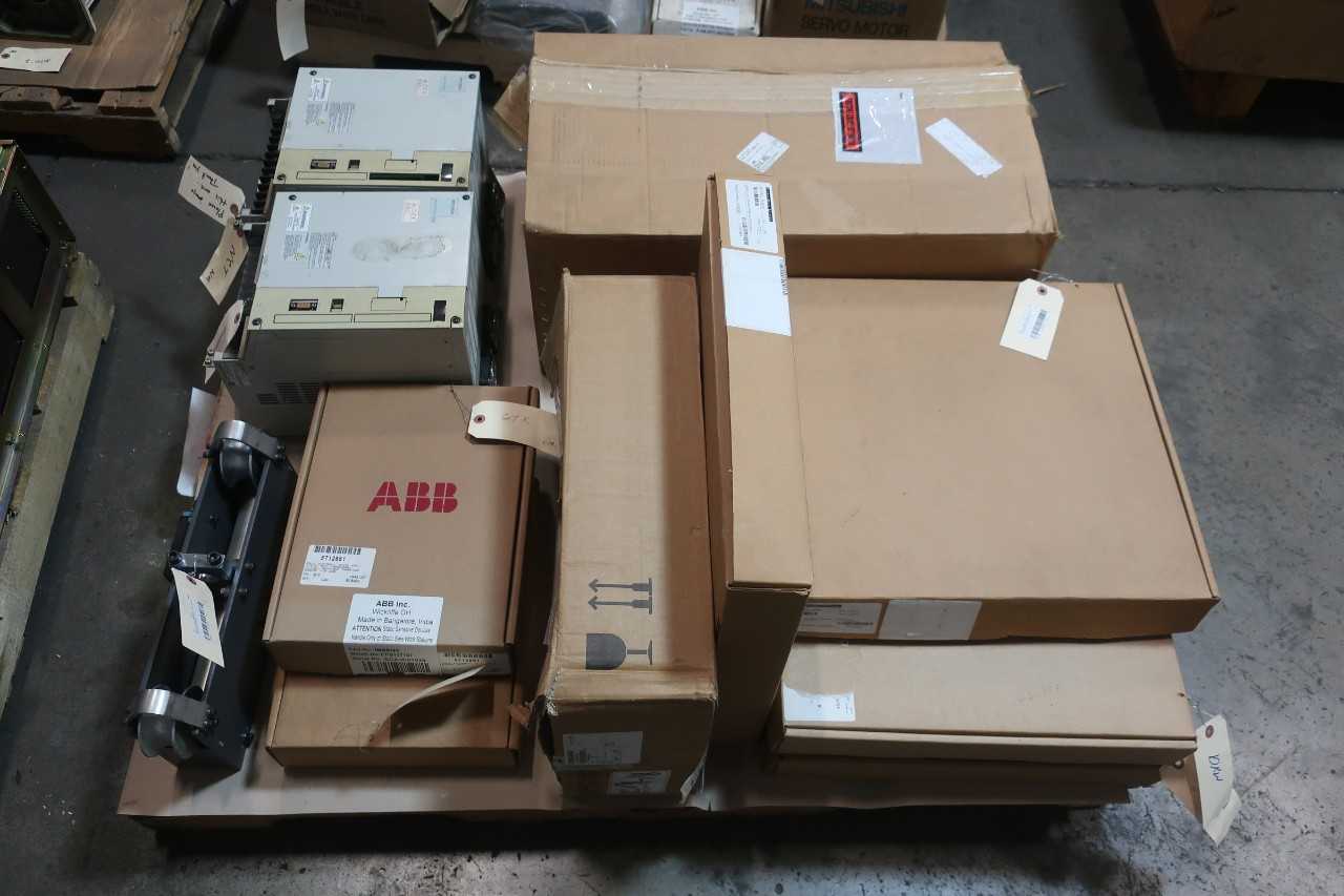 1 PALLET OF ASSORTED ELECTRICAL CIRCUIT BOARDS, CRANEGAURD SWITCH CONTROLS, SERVO AMP, MODULE COMMUNICATION CONTROL- ABB DILLON, MITSUBISHI, EMERSON, TRICONEX - AUTOMATION & CONTROLS