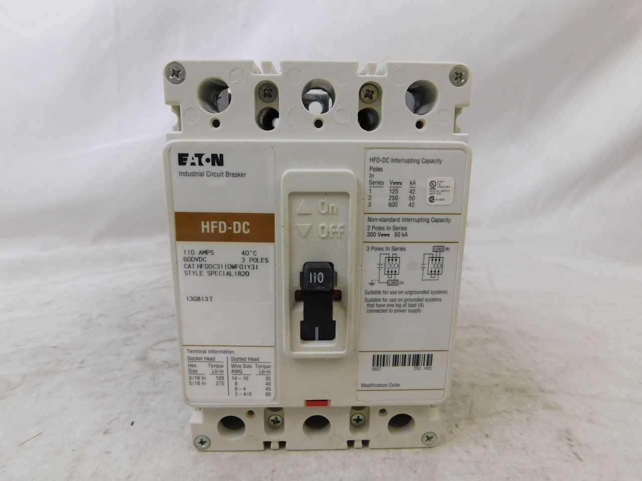 Quantity of 2 New Surplus Eaton HFDDC3110WF01Y31 MCCB 3P 110A 600VDC - ELECTRICAL COMPONENTS