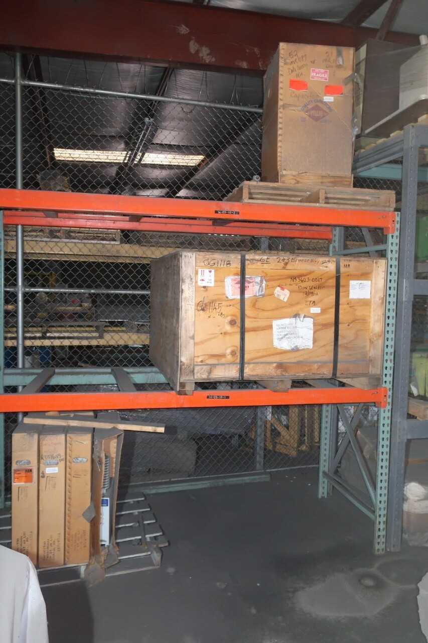 CONTENTS OF 4X SECTIONS OF PALLET RACKING (PALLETS OF FURNITURE EXCLUDED), ASSORTED COAL TURBINE CONTROL REPLACEMENT PARTS, SKY CLIMBER HOIST WINCHES, ABB CAPACITORS, INJECTION SLEEVES, STEAM DRUMS, RODS, SHAFTS - INDUSTRIAL PARTS