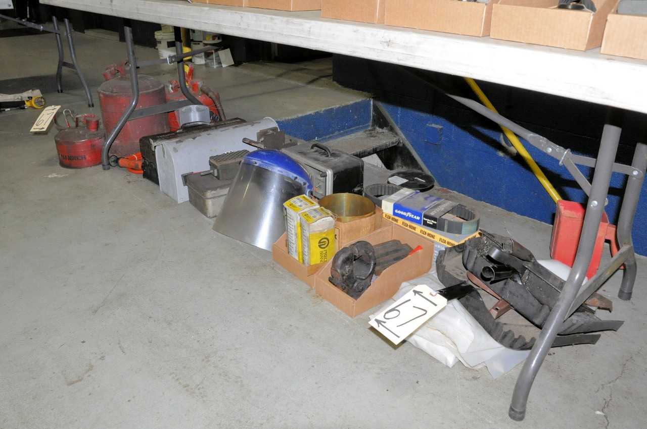 Solvent Cans Tool Box Dust Pans Shim Stock Flex Hone etc on Floor Under 1 Bench