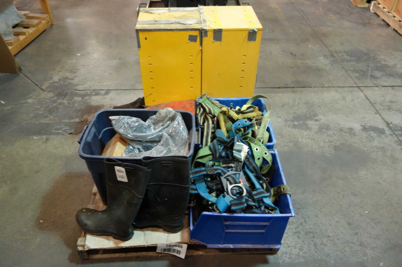 LOT OF ASSORTED SAFETY EQUIPMENT   SPILL KITS  BOOT COVERS  QUICK CONNECT HARNESSES AND LANYARDS   PIG  MILLER - SAFETY EQUIPMENT