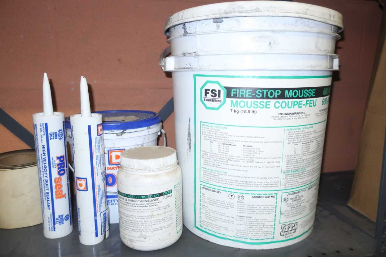CONTENTS OF SHELF, ASSORTED CONSUMABLE SUPPLIES, OIL, JOINT COMPOUNDS, DUCT SEALANT, FIRE-STOP MOUSSE, SPRAYS - SAFETY EQUIPMENT