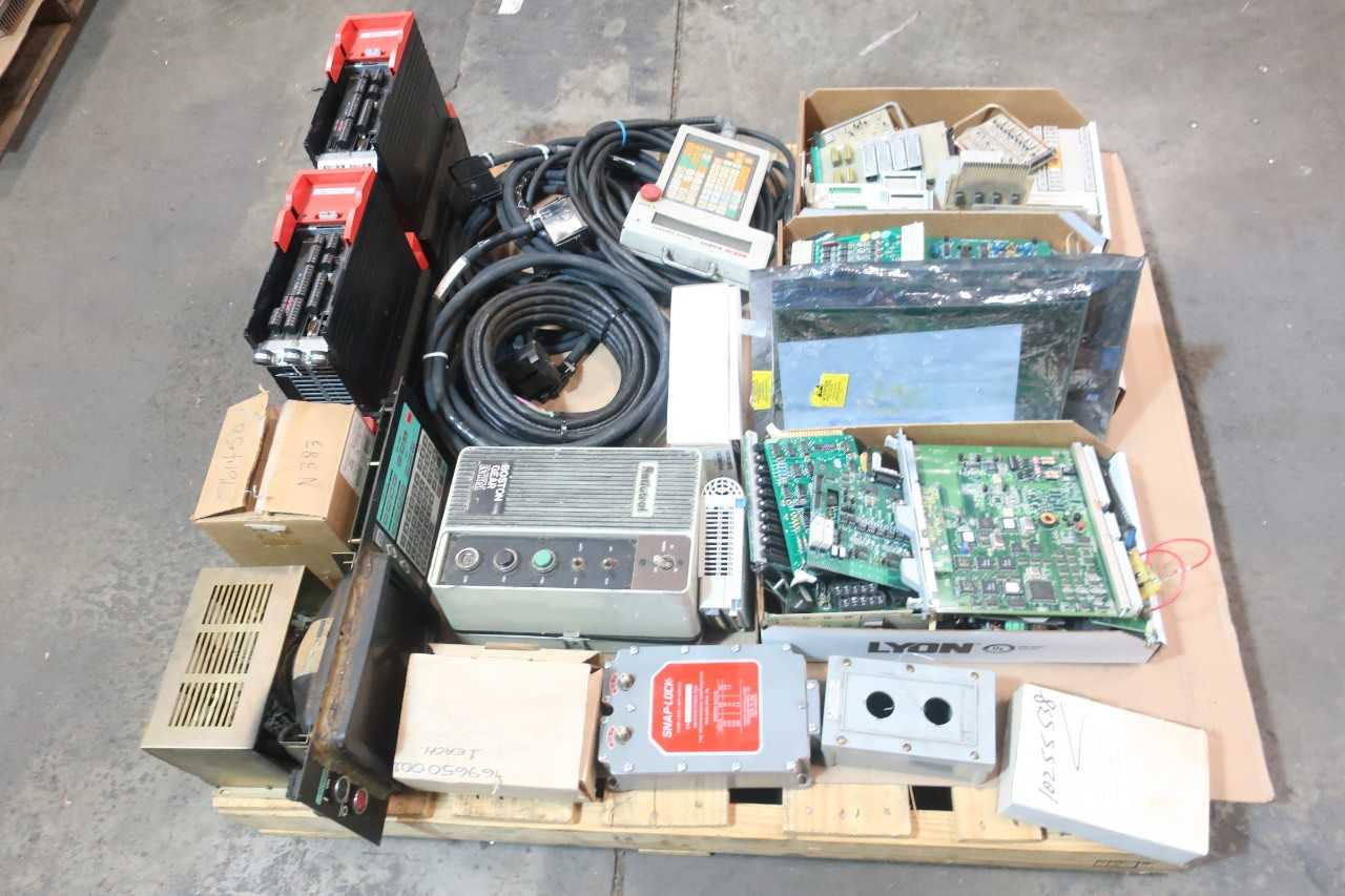 1 PALLET OF ASSORTED ELECTRICAL CIRCUIT BOARDS, MODULES, STEEL ELECTRICAL ENCLOSURE, CABLE-WIRE CONTROLS, PENDANT ROBOT, SWITCH CONTROLS, MOTOR CONTROL DC DRIVES, INTERFACE PANELS, ADAPTABEACON- YASKAWA, EDWARDS, BOSTON GEAR, ABB, GENERAL ELECTRIC, NAMCO, - AUTOMATION & CONTROLS